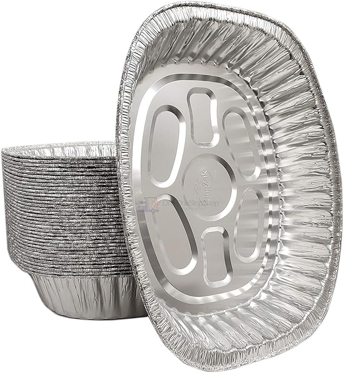 Disposable Oval Roasting Pan - Durable Turkey Roaster Pans Extra Large, Heavy-Duty Aluminum Foil, Deep, Oval Shape for Chicken, Meat, Brisket, Roasting, Baking, Recyclable (50)