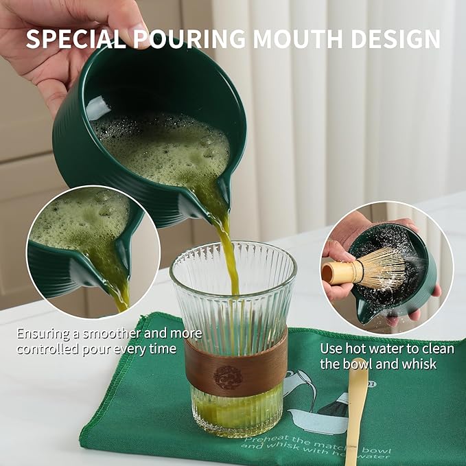 Matcha Whisk Set,Matcha Making Set with Dark Green Bowl,Matcha Whisk Holder, Stainless Sifter & Scoop, Tea Towel,Traditional Matcha Tea Set for Ceremony,Dark Green,7Pcs
