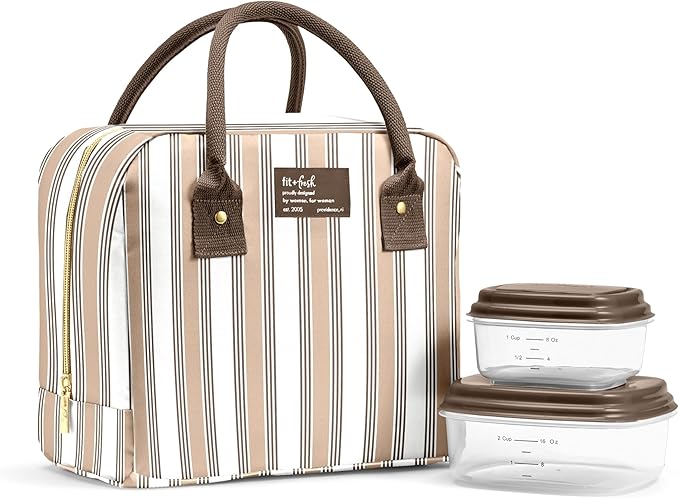 Fit & Fresh Bloomington Lunch Bag for Women - Insulated Large Lunch Box for Work with Containers, Leak-Resistant, Stain-Resistant, Zipper Closure, Ticking Stripe Taupe
