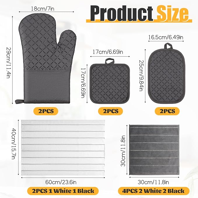 Oven Mitts Kitchen Towels Dishcloths with Pot Holders Sets 12pcs Dish Towels Sets Oven Gloves Pot Pads Heat Resistant 500 Degrees with Non-Slip Silicone Surface for Cooking Baking Grilling