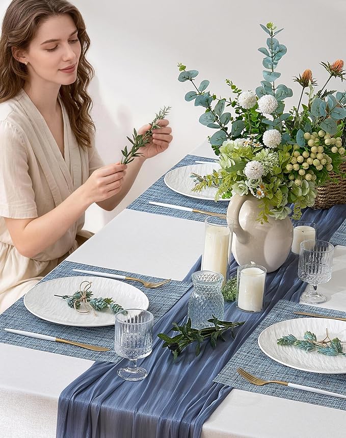 Leetaltree Deep Navy Woven Placemats Set of 6 - Heat Resistant Non-Slip Place mats for Dining Table, Washable Durable PVC Vinyl Woven Table Mats(Deep Navy, 6)