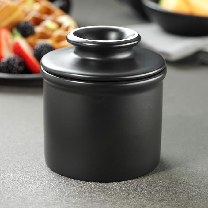 Butter Bell - The Original Butter Bell crock by L Tremain, a Countertop French Ceramic Butter Dish Keeper for Spreadable Butter, Matte Black + Ivory Matte