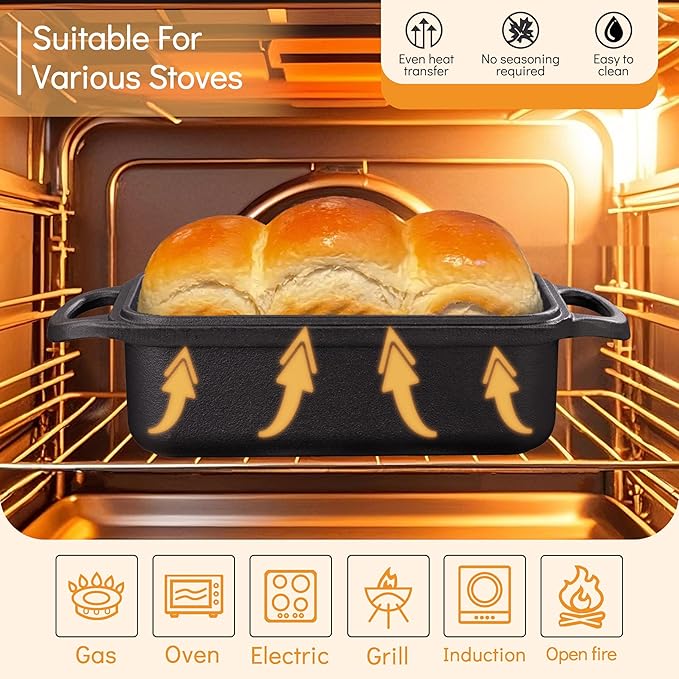 GRMImosa 2 in 1 Cast Iron Bread Loaf Pan with Lid, Loaf Pans for Baking Bread 9x5 Inch, Even Heat Distribution for Meatloaf, Homemade Bread
