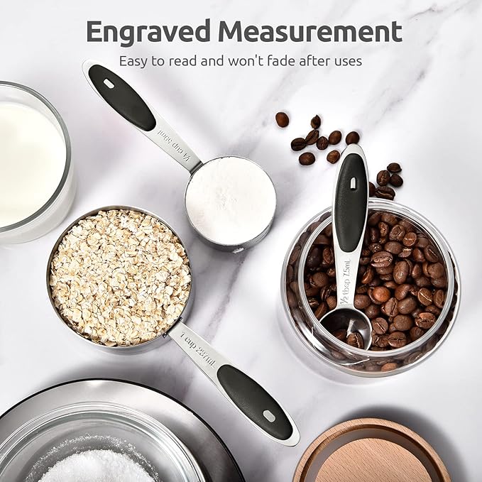 U-Taste 12 Piece Measuring Cups and Spoons Set in 18/8 Stainless Steel, and 18/8 Stainless Steel 3.9 inch 30 Mesh Strainer (Black)