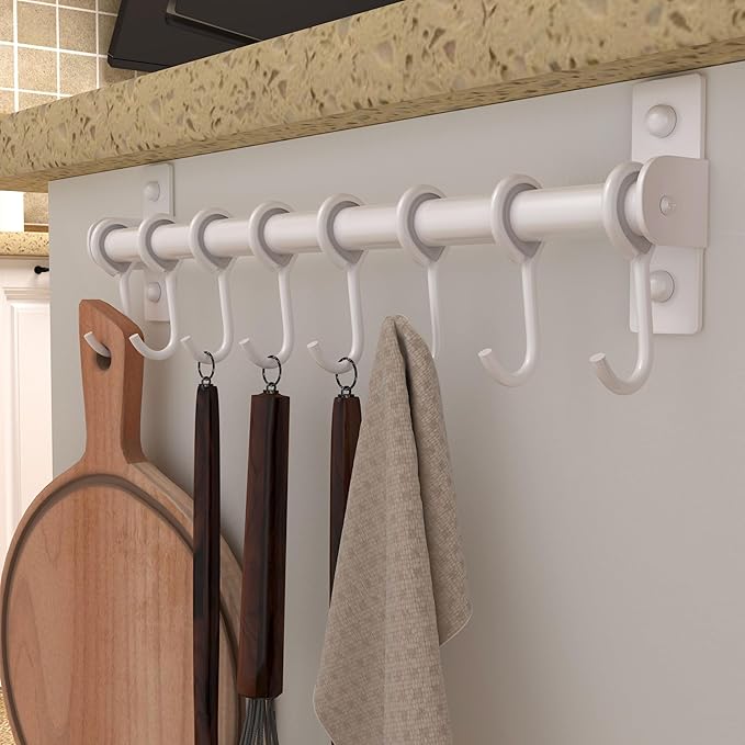 Dseap Kitchen Hooks for Hanging Utensils, Hanging Pot Rack, Kitchen Utensil Hanger Rail with 8 Hooks for Pots Pans, Spoons, Mugs, Wall Mounted, Stainless Steel, White, Pack of 2
