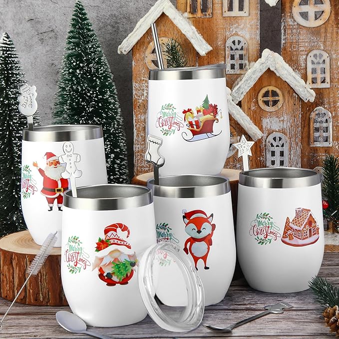 Sliner 16 Pcs Christmas Funny Wine Tumbler Spoon Set 12 Oz Stainless Steel Tumbler with Straw Brush Double Wall Insulated Travel Coffee Mug for Christmas Xmas Party Decorations Holiday Gift