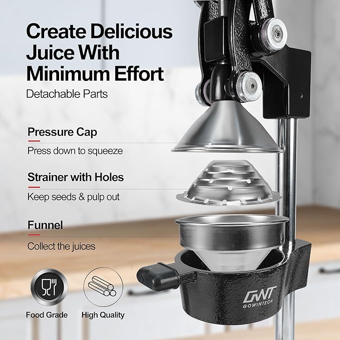 18 Inch Height Commercial Heavy Duty Cast Iron Hand Press Manual Orange Citrus Lemon Lime Grapefruit Pomegranate Fruit Juice Squeezer Machine with Stainless Steel Cup and Durable Base Black