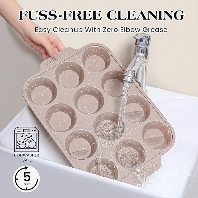2 Pcs Silicone Muffin Pans for Baking with Metal Reinforced Frame, Nonstick Cupcake Tray for Oven, 12 Cups Regular and 24 Cups Mini Size Silicone Molds for Egg Bites (Brown, Cream)