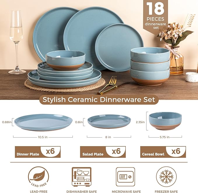 AmorArc Ceramic Dinnerware Sets for 6, 18 Pieces Handpainted Plates and Bowls Set with Rustic Terracotta Underside, Scratch Resistant Stoneware Dishes Set, Dishwasher & Microwave Safe, Stone Blue