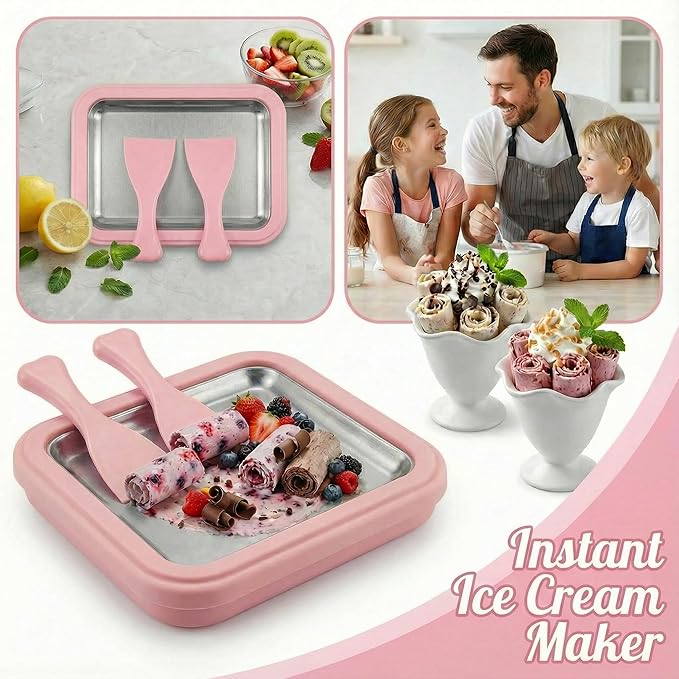 Rolled Ice Cream Maker, Ice Cream Tray with Ice Cream Roller, Manual Homemade Ice Cream Maker for Frozen Yogurt Sorbet, Ice Cream Tray for Family (Pink)