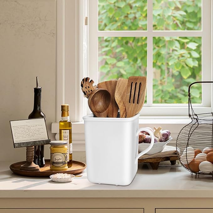 2026 Upgraded Vintage Kitchen Utensil Holder - Ceramic Utensil Crock Large Capacity Anti-tip, Modern Countertop Organizer for Farmhouse/Rustic/Contemporary Kitchen Decor(Matte White)