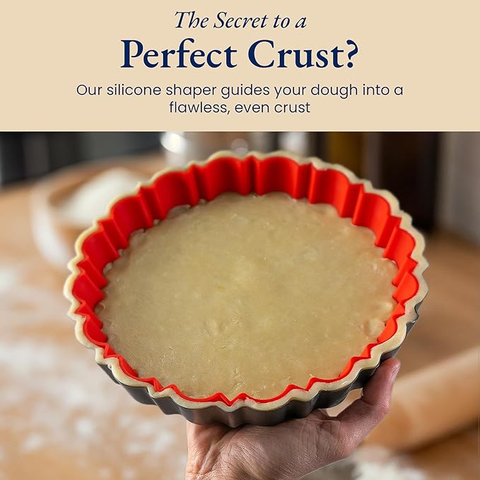 Patz&Patz All-in-One Fluted Tart Pan 9 Inch Removable Bottom Set with Patented Silicone Crust Shaper & Pie Weight | Nonstick Carbon Steel Quiche Baking Dish & Tart Molds for Baking - PFOA & PTFE-Free