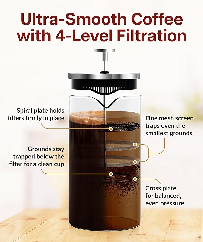 Cafe Du Chateau Stainless Steel French Press Coffee Maker 34 oz – Insulated Coffee Press with 4-Level Filtration, Manual Brewer for Tea, Camping & Travel, BPA-Free Glass (Pack of 2)
