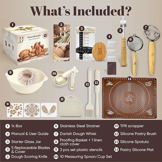 35-Piece Sourdough Baking Kit – Artisan Bread Baking Set for Beginners & Home Bakers, Includes Glass Starter Jar, Proofing Basket, Bread Lame & Tools