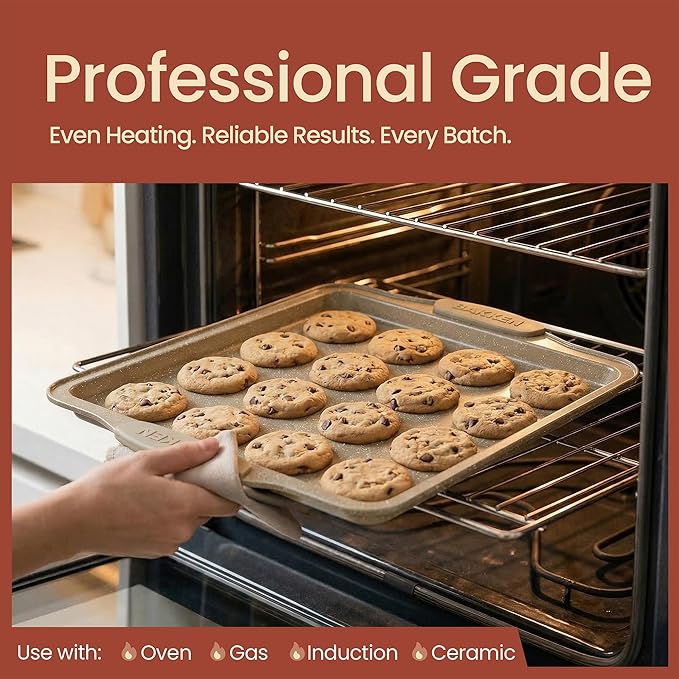 BAKKEN Kitchen Baking Pans - Medium (15.15 × 10.03") and Large (17.1 x 11.8") Nonstick Sheets, Carbon Steel Cookie Sheets with White Silicone Handle, PFOA, PFOS, PTFE Free, Oven Safe (450°F), Set of 2