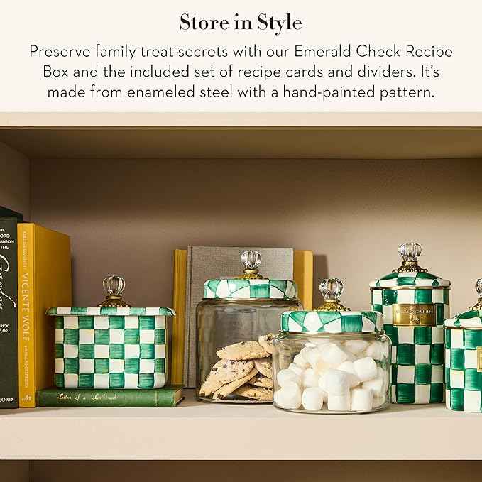 MACKENZIE-CHILDS Enamel Recipe Box, Index Card Box with Lid, Includes 40 Recipe Cards, Green-and-White Emerald Check