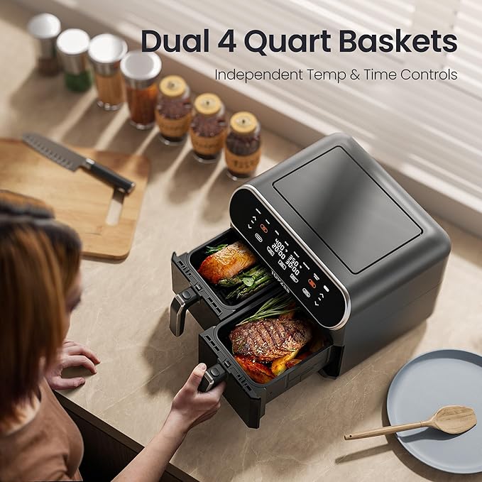 TOPZEE 8 Quart Large Air Fryer - Dual Basket Airfryer with Easy View Windows, Preheat, Air Fry, Roast, Broil, Bake, Dehydrate, 2 Independent 4 QT Nonstick Dishwasher Safe Baskets, Black