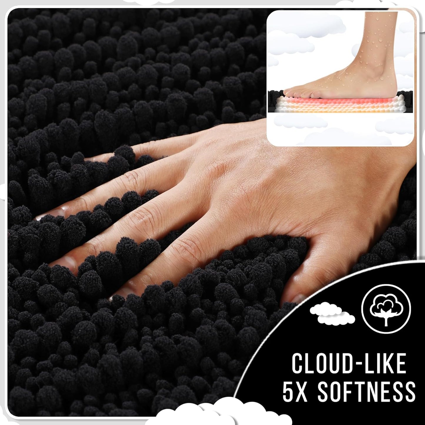 Yimobra Large Bathroom Rugs Non Slip Washable 36x24 Inch - Ultra Soft Absorbent Chenille Bath Mat, Quick Dry Shaggy Floor Carpet for Tub Shower, Black Home Decor Accessories
