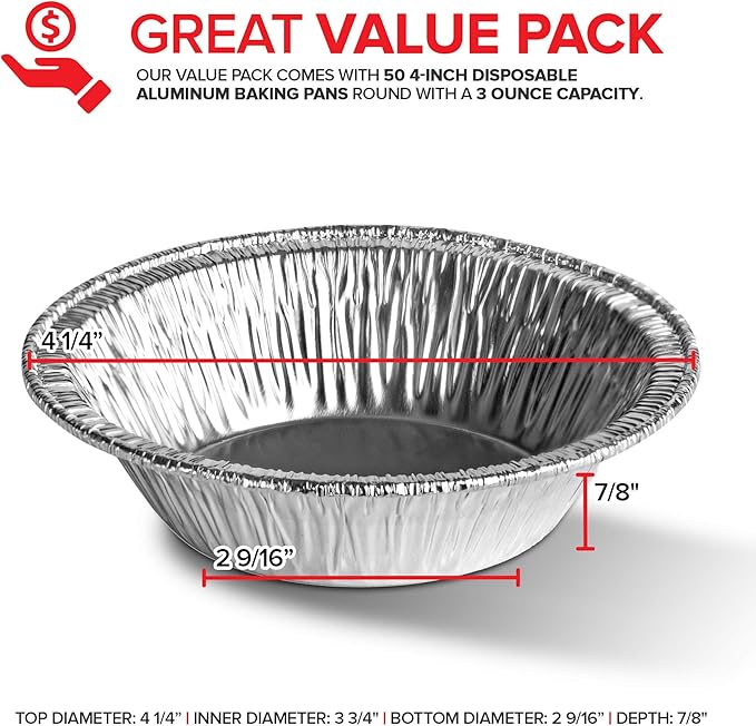 Stock Your Home 4 Inch Mini Aluminum Foil Pans (50 Count) – Disposable Small Tins for Baking Tiny Treats, Fruit Tarts, Quiche, and Mince Pies