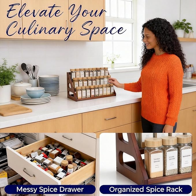 Spice Rack, Spice Organizer -3 Tier Bamboo Spice Racks, Solution for Spice Storage in Kitchens, Countertops，Storage Rooms and Other Places(Brown)