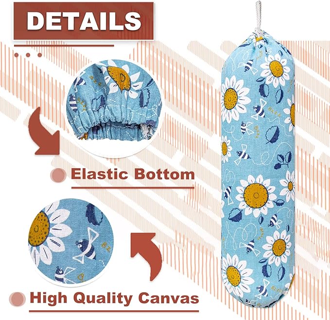 Plastic Bag Holder, Wall Mount Plastic Bag Organizer, Washable Large Grocery Bag Storage Dispenser, Shopping Bags Carrier for Home Kitchen Travelling, Free Adjustment with Drawstring, Sunflower,22x9"