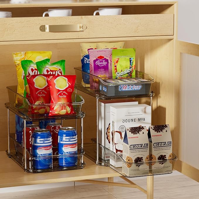 Delamu 2-Tier Under Sink Organizers and Storage, Multi-Purpose Stackable Bathroom Cabinet organizers, Pull Out Kitchen Pantry Organization and Storage with Dividers(2 Pack, Grey)