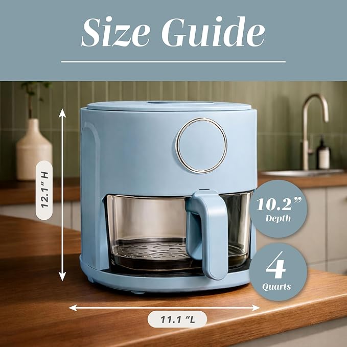 COOK WITH COLOR Colorful 1200W 4Qt Air Fryer: Glass Basket, Dishwasher Safe, 60min Timer, 6 Presets, Temp Control 175F-400F, 4 QT, Slate Blue