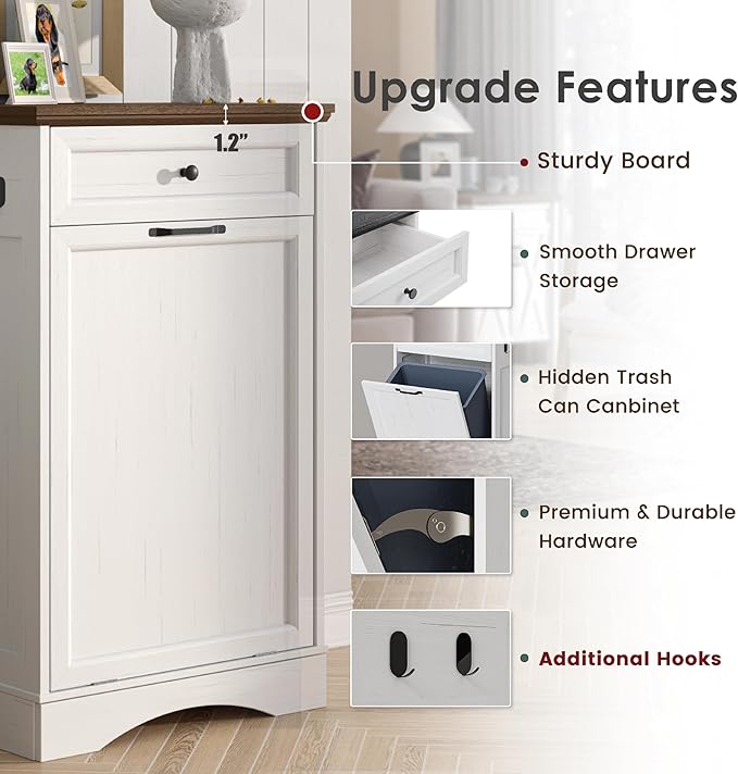 NEWOWNDS Tilt Out Trash Can Cabinet 13 Gallon Hidden Trash Garbage Can Cabinet with Drawer,Waterproof Cutting Board,Pet Proof Hidden Garbage,Laundry Bathroom, White