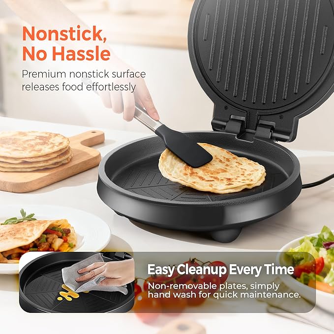 3-in-1 Electric Griddle & Panini Press - CACHOO 8" Nonstick Round Griddle and Sandwich Press with On/Off Switch, 180° Open Design, Perfect for Pancakes, Omelettes, Quesadillas, Veggies (Black)