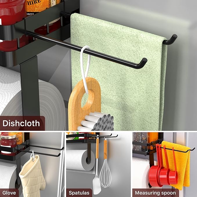 ZUNTO 2pcs Magnetic Paper Towel Holder for Fridge, Black Kitchen Organizer with Towel Roll Holder, Spice Shelf and 2 Hanging Racks(No Drilling)