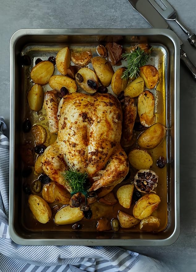 Roasting Pan Heavy Duty Stainless steel Turkey Pans for Oven,Toaster Oven Tray Pans with cooling rack,Hotel Pan, Barbeque Grill Pan,Deep Edge,Mirror treatment, Dishwasher Safe (23.4"x15.6"x2.8")