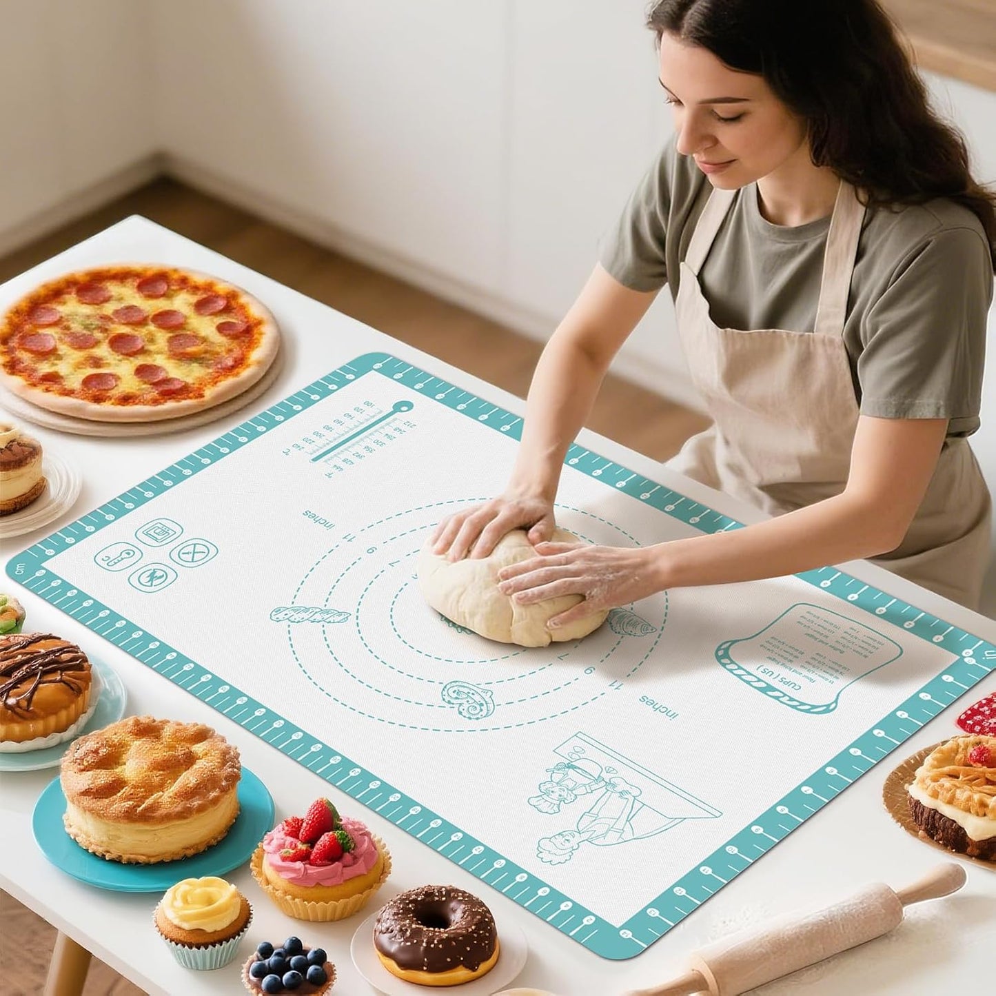 Non Stick Silicone Pastry Mat with 10 Quick Recipes ，Silicone Mat for Dough Rolling Baking Sheet for Cookies, Pizza,Bread, Surdough,Fondant Mat for Kitchen Counter, Extra Large and Oven Safe