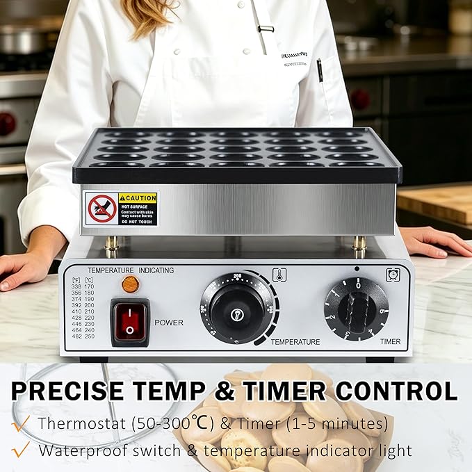 Mini Pancake Maker, 25-Cup Commercial Dutch Pancake Machine, 950W Non-Stick Electric Poffertjes Maker with Temp & Timer for Restaurant, Food Truck, Breakfast Shop