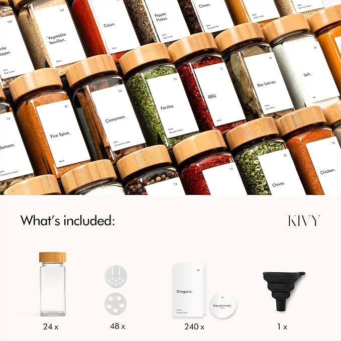 KIVY Spice Jars with Labels [24x 4oz] Glass Seasoning Containers with Airtight Lids for Organization - Empty Square Bottles for Spices & Seasonings with Shaker Lids - Spice Containers Bamboo