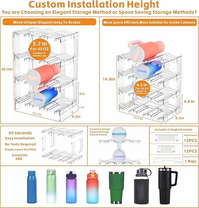 Yieach Stackable Cup Organizer for Kitchen Cabinets,4 Tier Large Tumbler or Water Bottle Organizer for Cabinets,Stackable Waterbottle Holder and Cup Storage Organizer for 40 OZ Yeti,Owala,Yeti Storage
