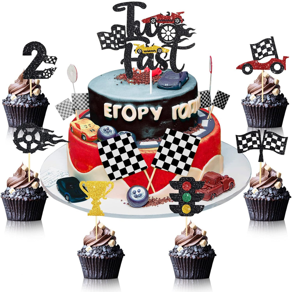 Gersoniel 49 Pack Two Fast Cake Toppers Cake Decoration Double Sided Trophy Flag Race Car Birthday Party Supplies