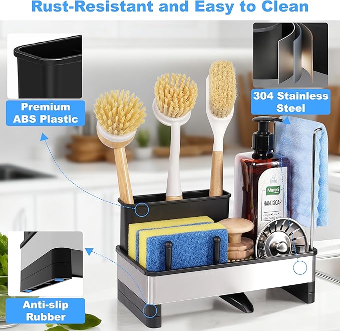 Kitchen Sink Caddy Organizer, Stainless Steel Sponge Holder, Kitchen Caddy Sink Organizer with Dish Brush Holder and Dishcloth Rack, Rustproof Dish Sponge Drying Rack for Countertop Storage