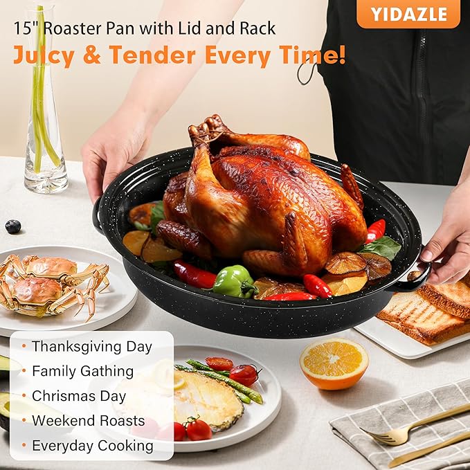 15” Roaster Pan with Lid and Rack, Small Enamel Roaster Pan with Oval Roasting Rack, Granite Baking Pot for Chicken Turkey Lamb, Heat Resistant, Oven/Dishwasher/All Stovestops Compatible