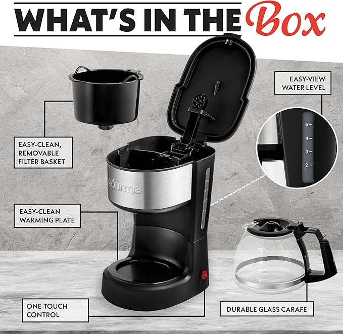 Gourmia Coffee Maker – 5 Cup, One-Touch Brew, Pause & Serve, Automatic Keep Warm, Stainless Steel Accents, Black