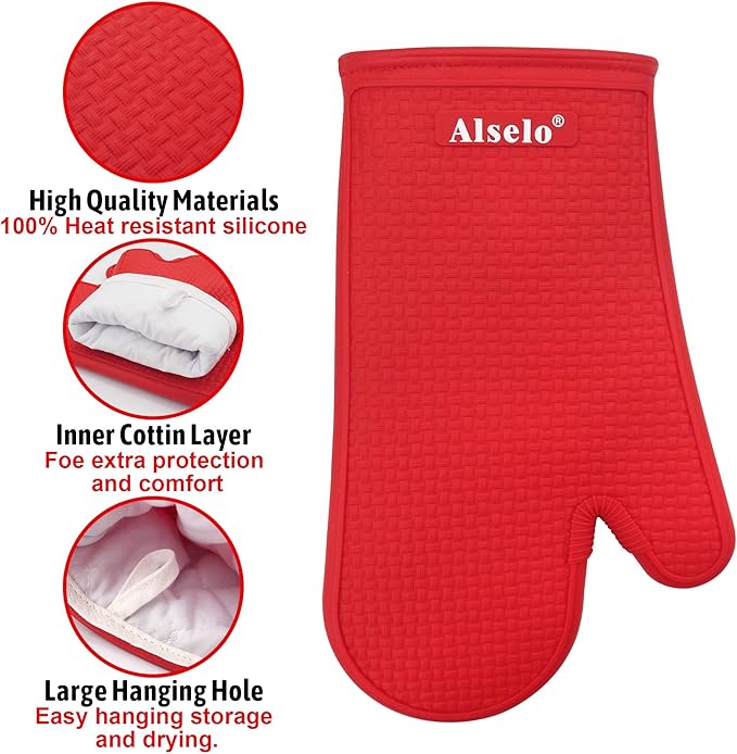 Alselo Oven Mitts Heat Resistant Silicone Kitchen Gloves for 550 Degrees with Waterproof and Non-Silp, Set of 2 Oven Gloves for Baking Cooking Barbecue Microwave Machine Washable (Red, 2)