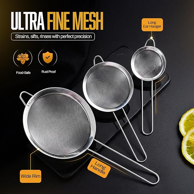 ELEEN Premium Stainless Steel Fine Mesh Strainers for Kitchen 3-Piece Set with Non-Slip Handle, Small, Medium & Large Sieves, Colanders and Sifter for Sifting, Straining, Pastas Tea, Rice Vegetables