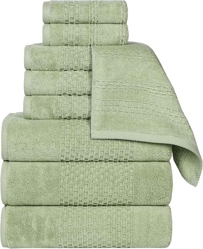 Superior Playa Zero Twist Cotton Medium Weight Towels, for Guest Bath, Bathroom, Shower, Spa, Plush, Quick Dry, Ultra-Soft Towels, Bath Essentials, Waffle Textured, 9 Piece Assorted Towel Set, Green