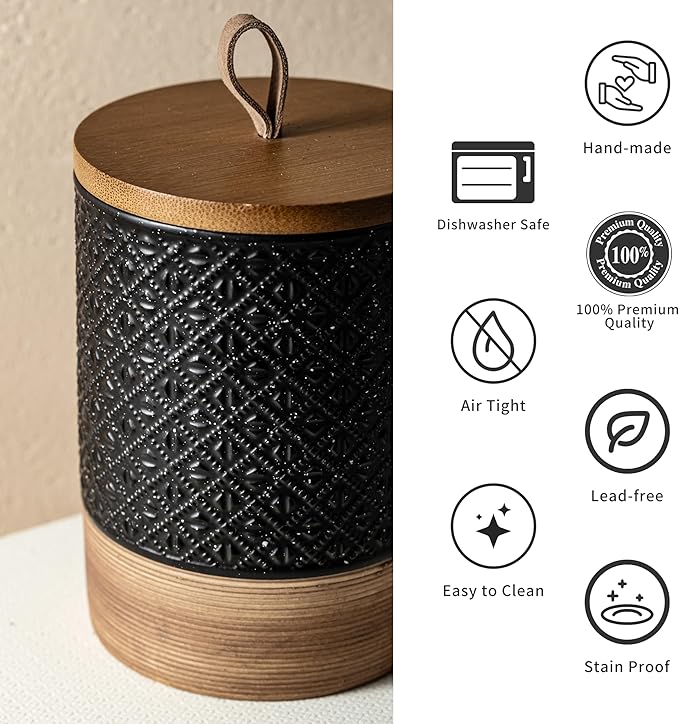 Miamolo Mini Ceramic Jars with Airtight Lid, Coffee Container Canister Kitchen Food Storage Jar with Lid for Spice Sugar Tea Bag, Stackable Decorative Jars for Countertop, Pantry, Black & 5 fl.oz
