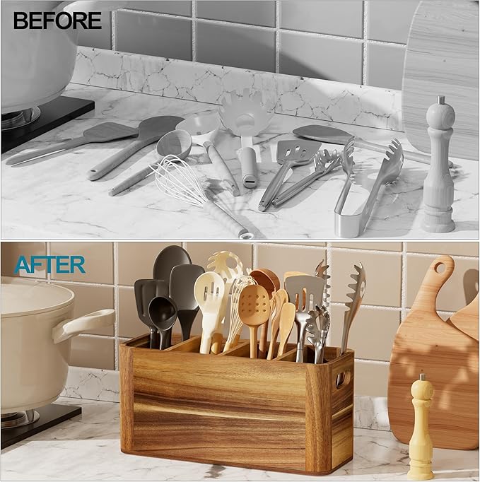 Utensil Holder for Kitchen Counter, Extra Large Utensil Holder for Countertop with 4 Compartments Wooden Cooking Utensil Organizer for Spatula Kitchen Storage, Acacia Wood
