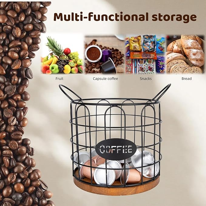 Coffee Pod Holder, Large Capacity K Cup Holder Organizer,Big Metal Capsule Storage Basket with Wooden Base, Coffee Bar Decor Station Accessories for Kitchen Counter Office Desktop (Black)