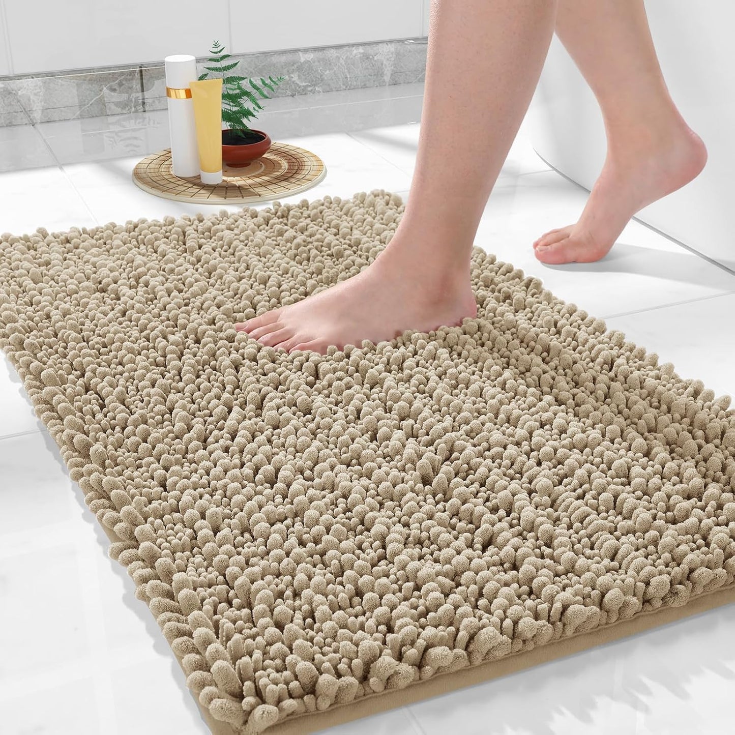 Yimobra Large Bathroom Rugs Non Slip Washable 36x24 Inch - Ultra Soft Absorbent Chenille Bath Mat, Quick Dry Shaggy Floor Carpet for Tub Shower, Pale Khaki Home Decor Accessories