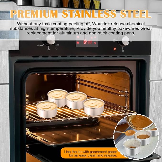 P&P CHEF Cake Pan Set of 4, Stainless Steel Baking Round Cake Pans Tins Bakeware for Birthday Wedding, Leak-proof & Easy Clean, Mirror Finish & Easy Releasing, 4 Inch