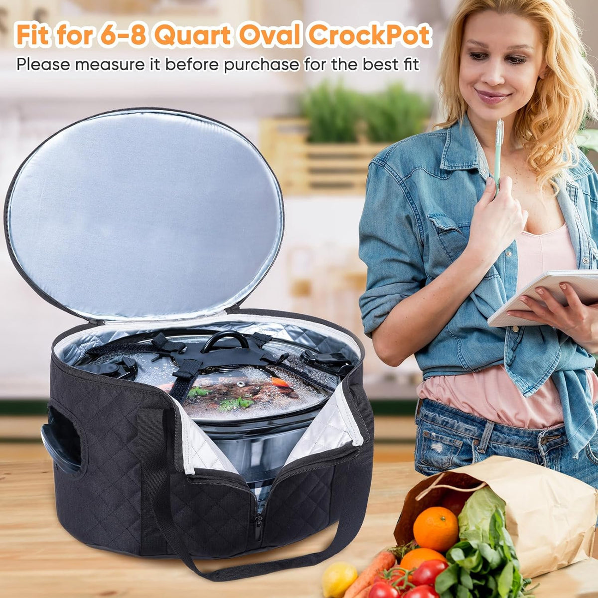 BAGSPRITE Double-layer Slow Cooker Carrying Case Compatible with 6-8 Quart Crockpot Carrier for Hot Food and Hamlton Beach Slow Cooker Tote with Lid Fastener for Crock-pot Dust Cover Applicances