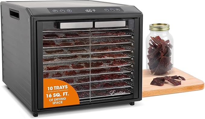 Excalibur Food Dehydrator 10-Tray Select Series for Jerky, Fruit, Vegetables, Herbs, Pet Treats, Stainless Steel with Glass Doors and 60 hour digital timer, 10-Tray, Black