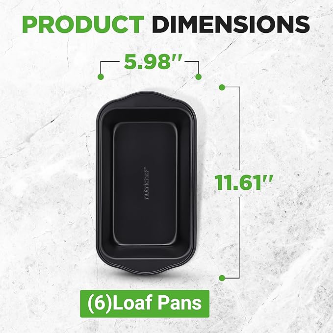NutriChef Loaf Pans Set of 6 | Non-Stick Premium Bread Pans Quick & Even Heat Distribution | Oven Safe To 450 F | No PFOA, PFOS & PTFE | Food Grade Carbon Steel | 11.61 x 5.98 x 2.56 Inches (Black)